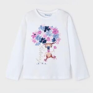 Mayoral| Kids Girls White Long Sleeve Tee with Floral Print- Size 6 years